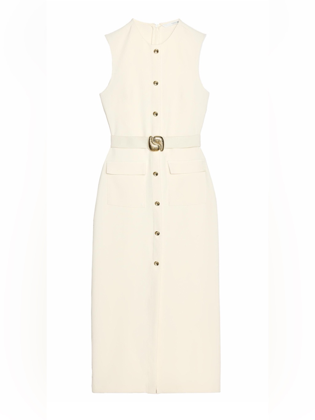Zara Cream Sleeveless Button-Front Midi Dress With Decorative Belt